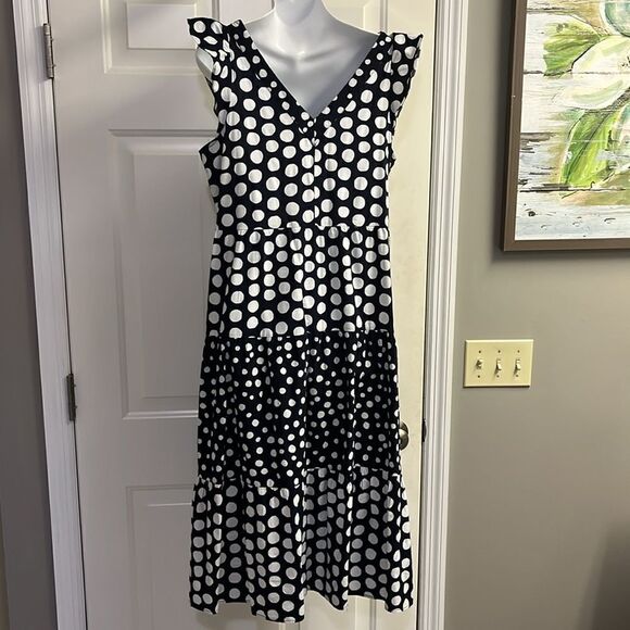 LOFT Navy White Polka Dot V-Neck Ruffled Flowy MIDI Dress- Medium - Picture 7 of 8